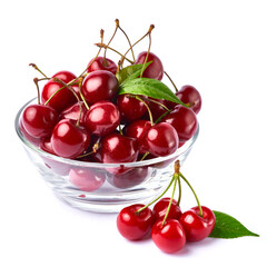glass bowl of sweet cherry fruits isolated on white background