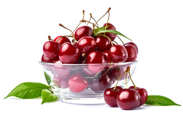 glass bowl of sweet cherry fruits isolated on white background