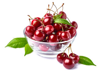 glass bowl of sweet cherry fruits isolated on white background