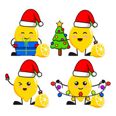 vector illustration of cute lemon fruit merry chrismast theme bundle set. cute lemon fruit Concept White Isolated. Flat Cartoon Style Suitable for Landing Page, Banner, flyer, Sticker.