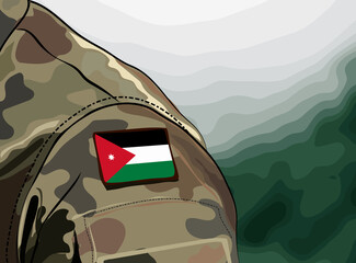 Flag Kingdom of Jordan on soldier arm. Jordanian Armed Forces - obrazy, fototapety, plakaty