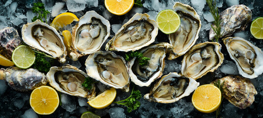 Open oysters Fines de Claire. Free space for your text. Seafood. Flat lay.