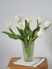Glass vase with a bouquet of delicate white tulips with a yellow center on a gray background. Congratulatory background with place for text.
