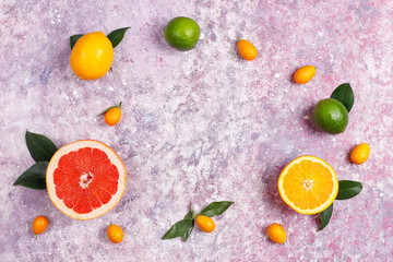 Assorted fresh citrus fruits,lemon,orange,lime,grapefruit,kumquats.