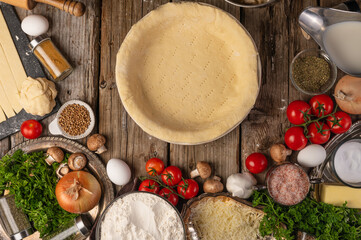 Chef Prepares Pie Ingredients Background Wooden Table Top View Flat Lay Concept and illustration for a recipe book and pie preparation step by step