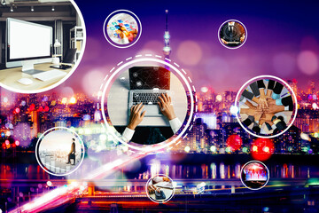 Business network web banner photo set in concept of management and growth by using corporate teamwork and people networking skills .