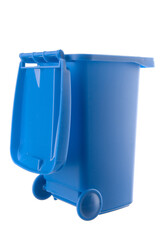 Plastic blue trash can isolated on white background