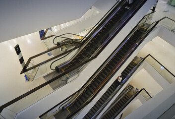 High angel view of escalators moving up and down 