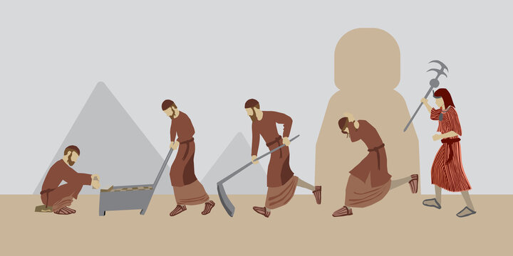 Vector drawing of religious Jewish figures, the children of Israel, working hard, making bricks from clay. An Egyptian stands and holds a beating stick. A scene from the enslavement of Israel in Egypt