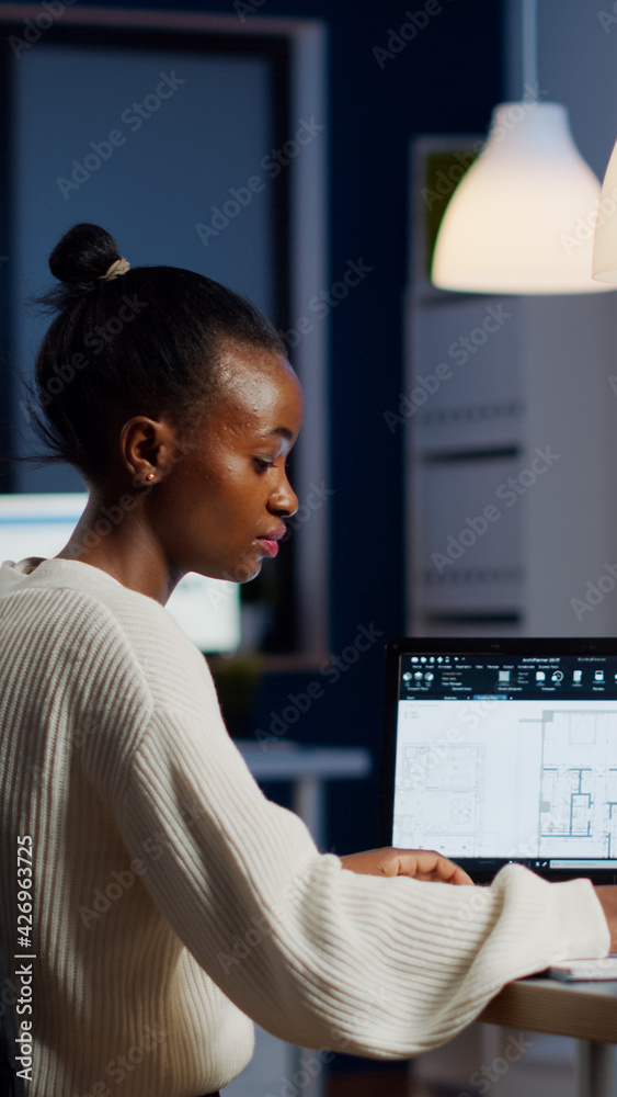 Poster engineer constructor designer architect creating new bluilding plan in cad program working in busine