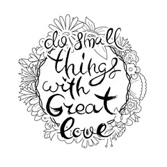 Hand lettering grunge card with flower background. Handcrafted doodle letters in retro style. Hand-drawn vintage typography