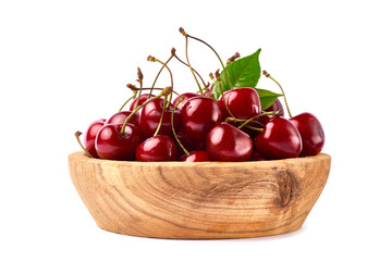 Fototapeta na wymiar wooden bowl of sweet cherry fruits isolated on white background