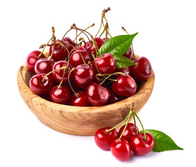 wooden bowl of sweet cherry fruits isolated on white background