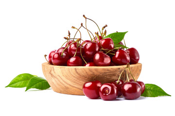 wooden bowl of sweet cherry fruits isolated on white background