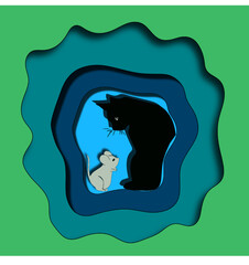 Paper Cut out Cat and rat vector illustrated abstract art.