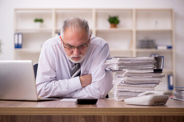 Aged male employee sitting at workplace