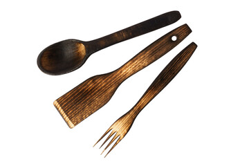 wooden cutlery isolated on white background. wooden cooking utensils