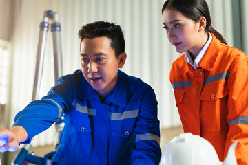 engineer cooperation Two asian male and female technician maintenance inspect relay robot system...