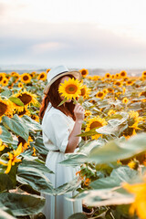 young beautiful woman at sunflowers field on sunset