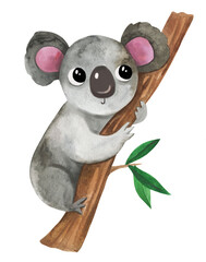 Cute koala baby animal watercolor clip art hand painted illustration for childish goods, invitations, baby shower, birthday party, prints. © Alina Nikitaeva