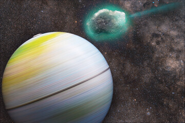 The earth's globe rotates against the background of the starry sky. The asteroid is flying towards...