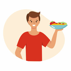 The man prepared a salad of vegetables. The man is a vegetarian. A person is engaged in cooking.