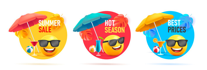 Set of summer sale discount tags, circle shapes with 3d illustration of smiley face with umbrella and cocktails in sunglasses on the beach having fun