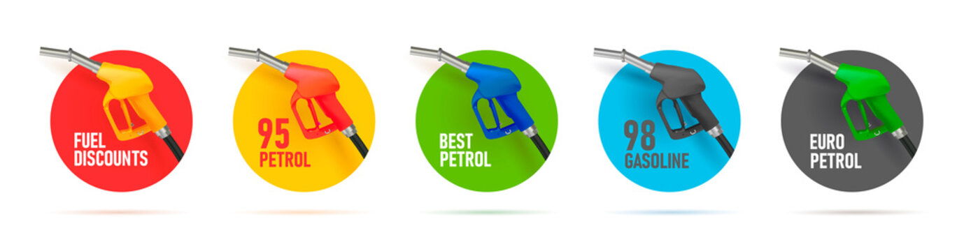 Set of stickers for gas station, circles with fuelling gun or nozzel illustration with petrol type