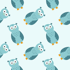 Endless background with cute owls. Blue seamless pattern with an owl for a boy. Colors for printing on fabric, clothing, and packaging paper.