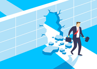 Businessmen break barriers with hammer, Overcome obstacles on the way to successful, Business concept of challenge problem solving and overcoming obstacles, Flat design vector illustration