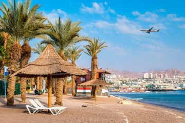Morning on central public beach in Eilat - famous tourist resort and recreational city in Israel


