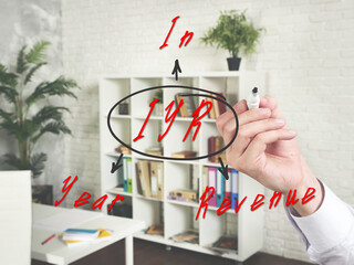 The inscription IYR In Year Revenue . Simple and stylish office environment on background.