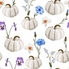 Cute hand drawn pumpkin with wild flowers seamless pattern, great as Thanksgiving background, textiles, banners, wallpapers, wrapping -  design.