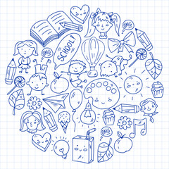 Kindergarten little children play at the park. Online education.