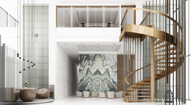 Reception hall in hotel The ceiling is high with mezzanine and spiral staircase view, there is a waiting area. Decorate Chinese style and pattern using wood and marble materials. 3d rendering