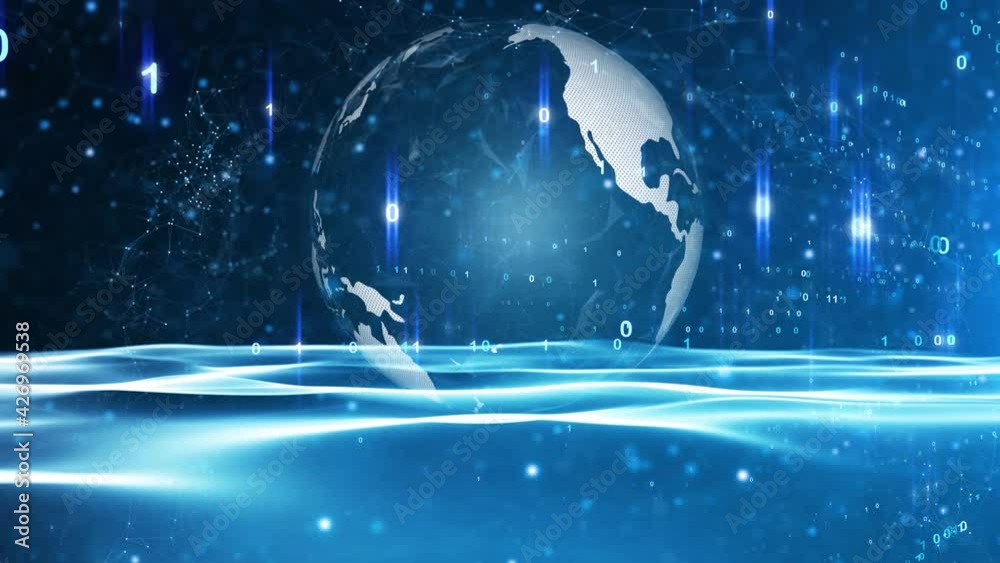 Wall mural virtual modern earth globe in blue cyberspace with moving glowing binary numbers.