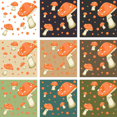 Set of 9 Realistic Fungi Mushrooms  Seamless Pattern Background
