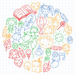 Fototapeta premium Kindergarten little children play at the park. Online education.