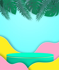 Fototapeta premium Summer theme product display podium. Design with tropical leaves on colorful background. paper art style. Vector.