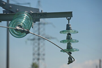 Nur-Sultan, Kazakhstan - 05.28.2015 : High-voltage power lines with insulators, stabilizers and...