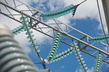 Nur-Sultan, Kazakhstan - 05.28.2015 : High-voltage power lines with insulators, stabilizers and transformers.