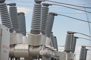 Nur-Sultan, Kazakhstan - 05.28.2015 : High-voltage power lines with insulators, stabilizers and...