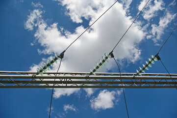 Nur-Sultan, Kazakhstan - 05.28.2015 : High-voltage power lines with insulators, stabilizers and...