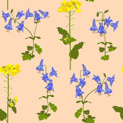 Seamless vector illustration with field flowers and aquilegia on a beige background.