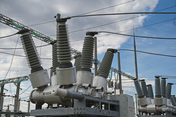 Nur-Sultan, Kazakhstan - 05.28.2015 : High-voltage power lines with insulators, stabilizers and...