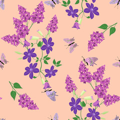 Seamless beautiful summer vector illustration with lilac, clematis and butterflies.