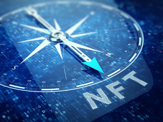 NFT nonfungible tokens concept - Compass pointing NFT word on abstract technology background. 3d rendering
