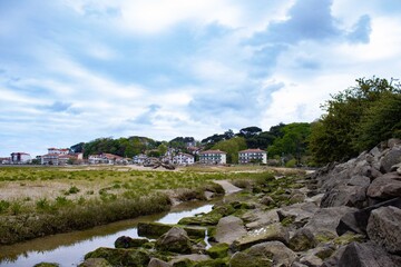 Houses from the marshes in cloudy sky
