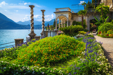 Cute ornamental garden of villa Monastero with lake Como, Italy