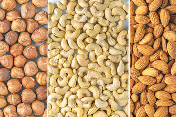 Collage of various types of nuts, food background. Cashew, hazelnuts,  almonds close up. Healthy vegetarian snacks. Protein-containing food